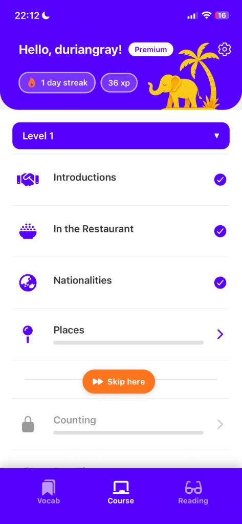 Thai Sabai app screen: Your course