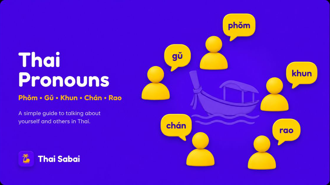 Illustrated guide to Thai pronouns: phǒm, gǔ, khun, chán, and rao